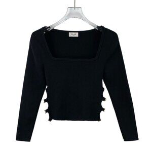 Celine Black Square Neck Long-Sleeved Knitted Top With Gold Hook Detail Mulberry